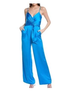 Ramy Brook Satin V-Neck Wide-Leg Jumpsuit in Electric Blue